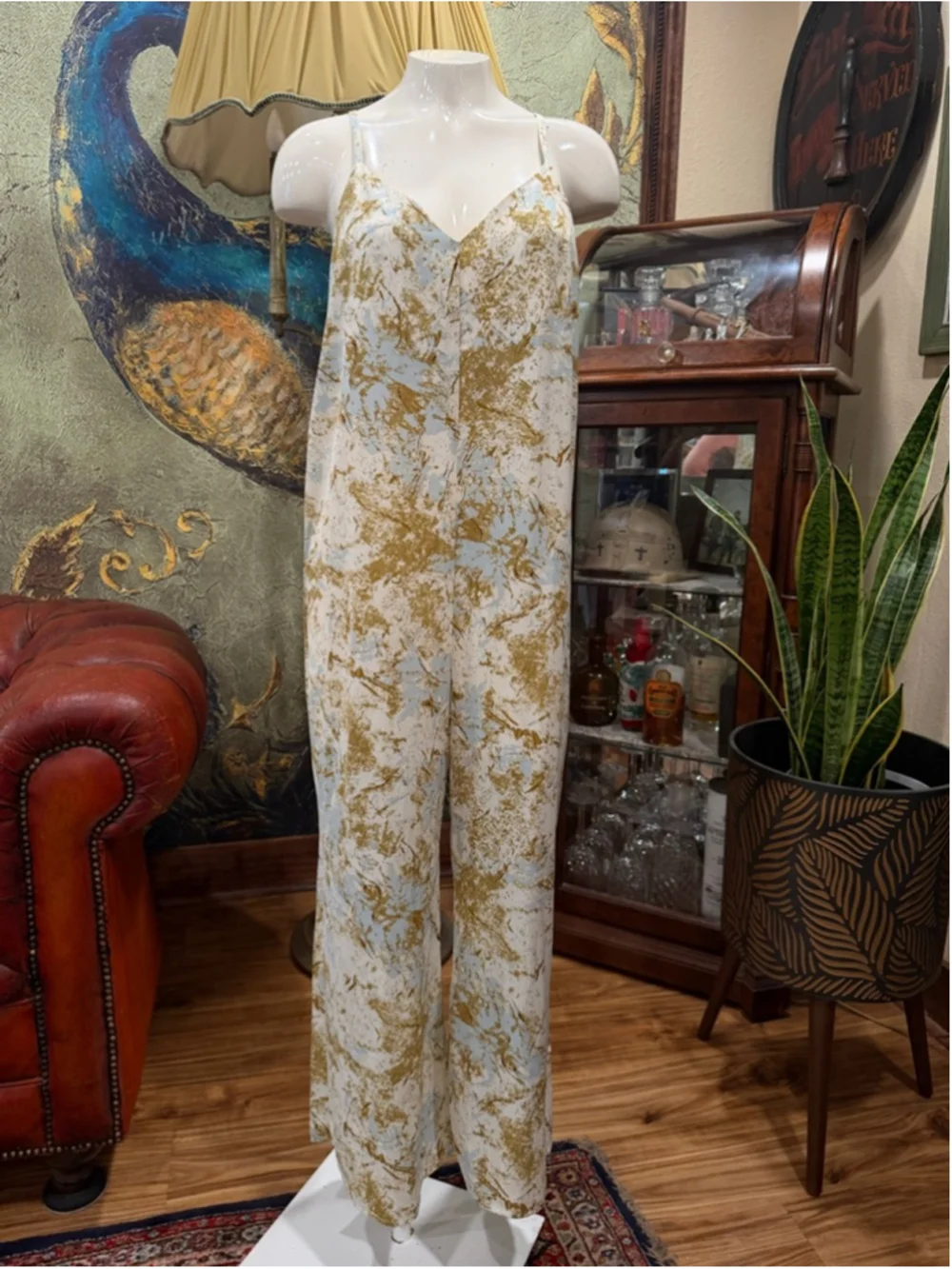 Nikki's Beach House Jumpsuit Small Blue Gold Abstract Coastal Resort Wide Leg - Picture 4 of 11